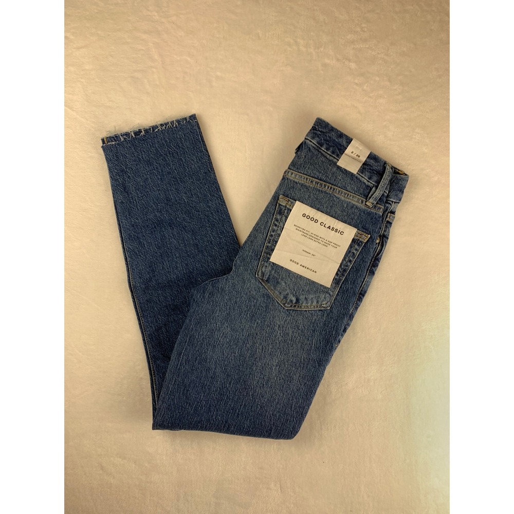 NWT Good American Blue Good Classic Raw Hem High Rise Skinnyish Jeans Size 2 26